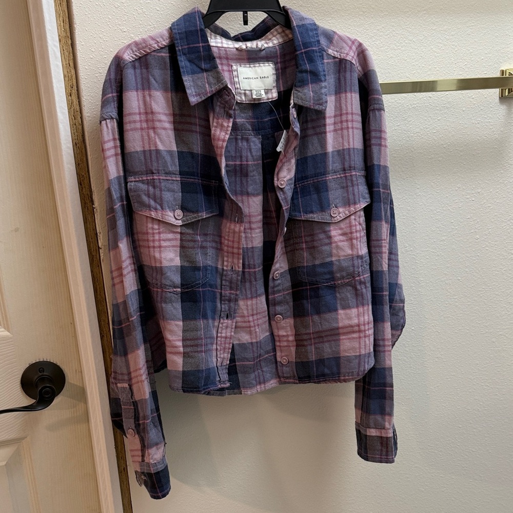 American Eagle Outfitters Blue and Pink Plaid Shirt